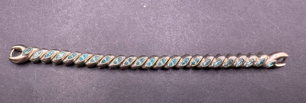 Bretton Vintage Silver Tone Metal Twisted Link Bracelet Blue Marquise Rhinestone